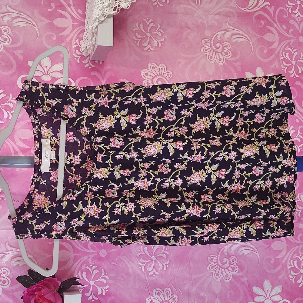 LOFT Black Tank Top with Pink Floral Pattern